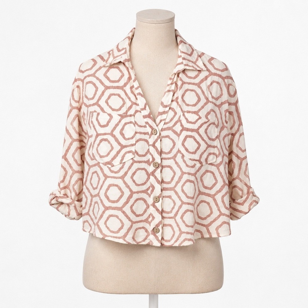 Geometric Honeycomb Short Sleeve Cropped Button Shirt Size M Boho Oversized Prep